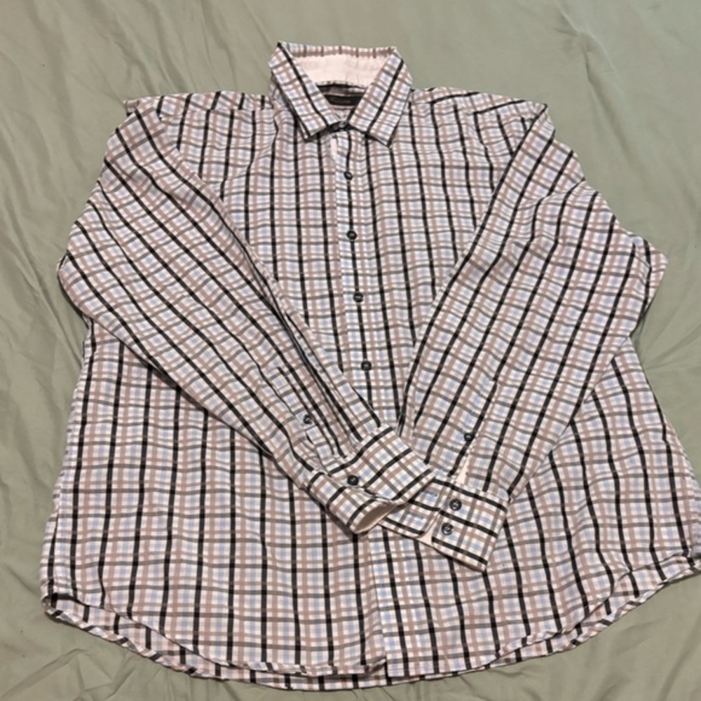 Tasso Elba Men’s Button Down light blue brown Plaid 100% Cotton Long Sleeve L